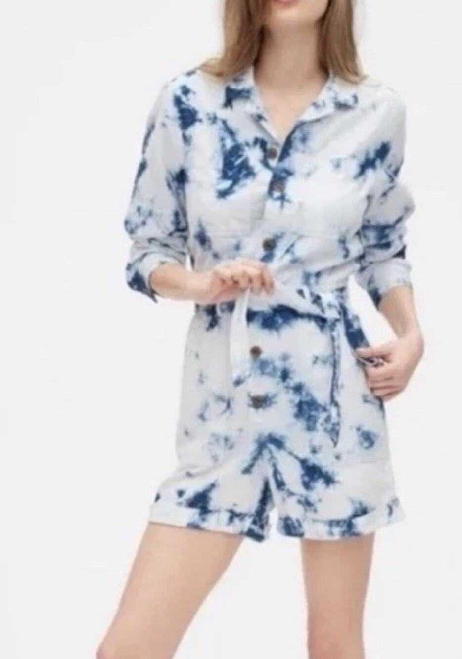 GAP Blue & White Belted Tie-Dye Long Sleeves Linen Romper Sz 4 (V6